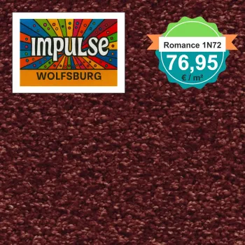 Teppichmuster mit Label „Impulse WOLFSBURG“ und Badge „Romance 1N72 – 76,95 €/m²“